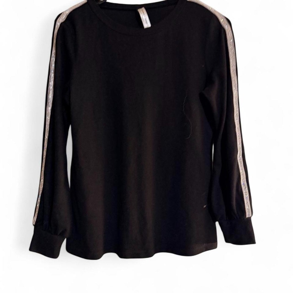 PerSeption Concept Black Long Sleeve‎ Top S Glitter Silver Stripe Pullover Knit